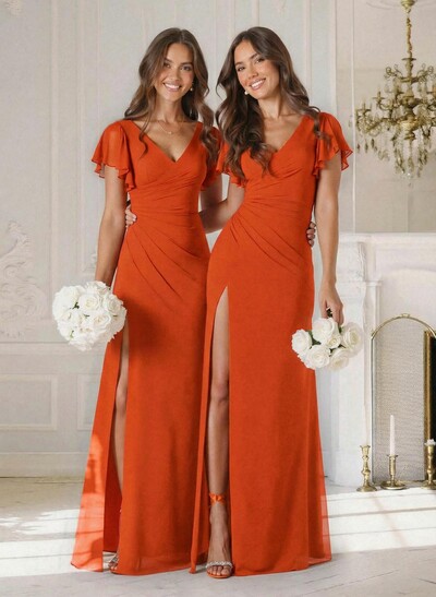 Sheath/Column V-Neck Short Sleeves Floor-Length Chiffon Bridesmaid Dresses With High Split/Shoulder Ruffle