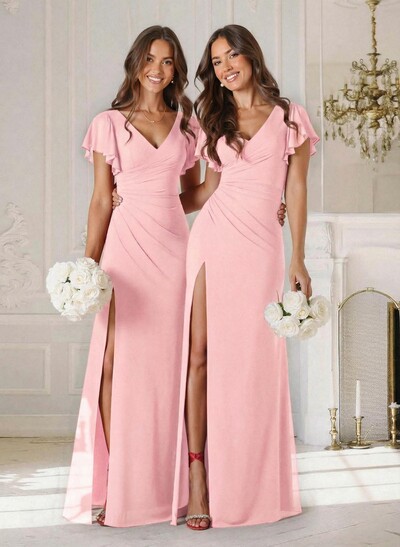 Sheath/Column V-Neck Short Sleeves Floor-Length Chiffon Bridesmaid Dresses With High Split/Shoulder Ruffle