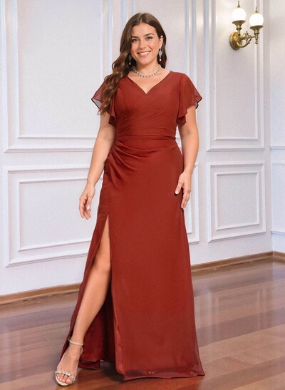 Sheath/Column V-Neck Short Sleeves Floor-Length Chiffon Bridesmaid Dresses With High Split/Shoulder Ruffle