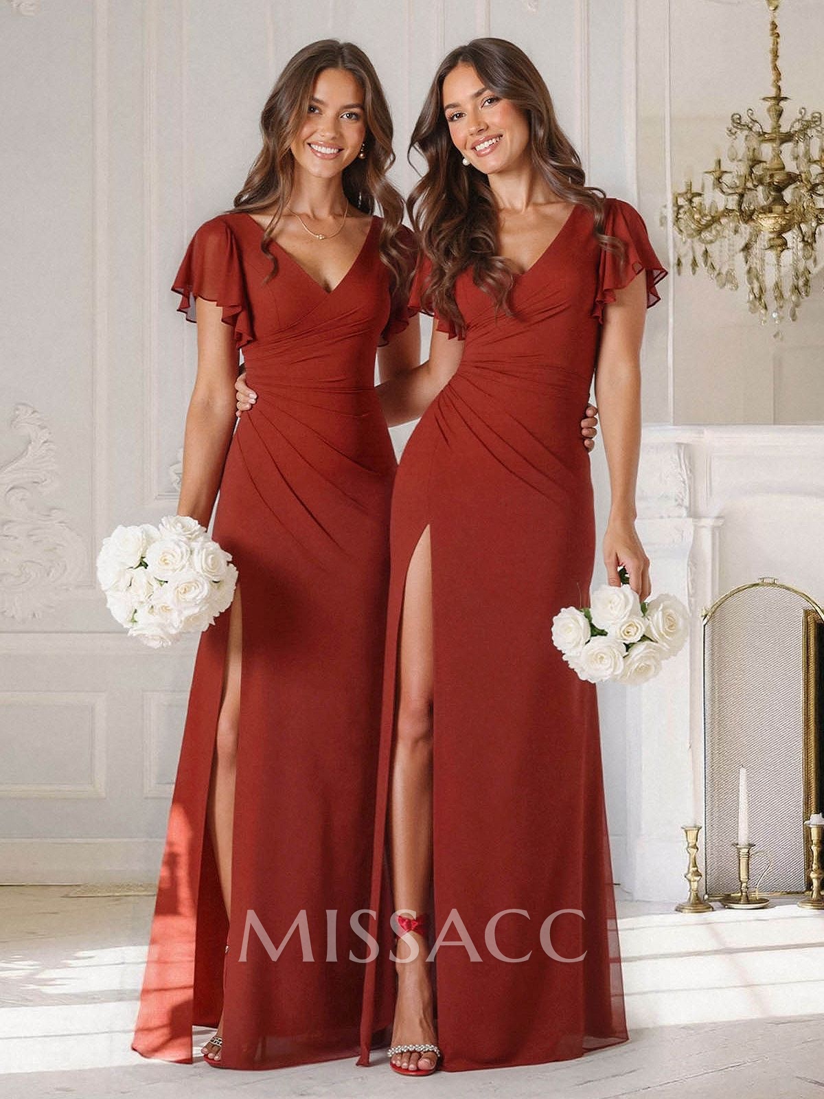 Sheath/Column V-Neck Short Sleeves Floor-Length Chiffon Bridesmaid Dresses With High Split/Shoulder Ruffle Sheath/Column V-Neck Short Sleeves Floor-Length Chiffon Bridesmaid Dresses With High Split/Shoulder Ruffle