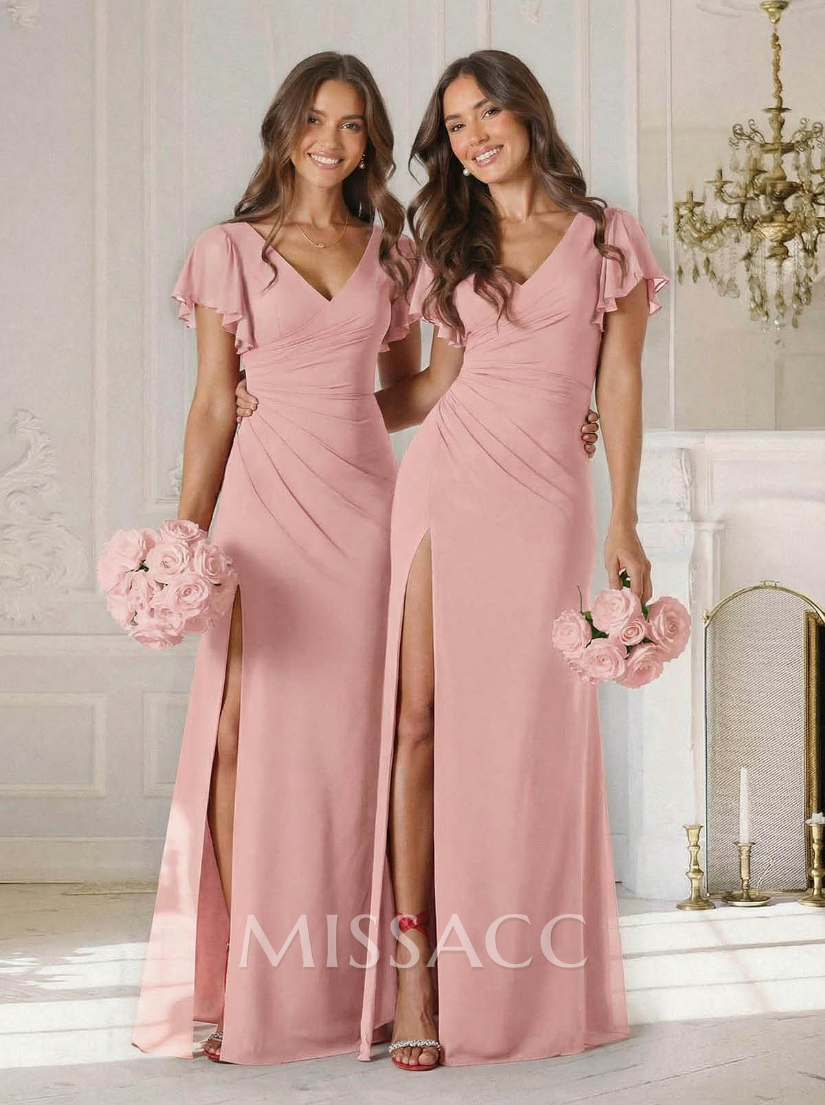Sheath/Column V-Neck Short Sleeves Floor-Length Chiffon Bridesmaid Dresses With High Split/Shoulder Ruffle Sheath/Column V-Neck Short Sleeves Floor-Length Chiffon Bridesmaid Dresses With High Split/Shoulder Ruffle