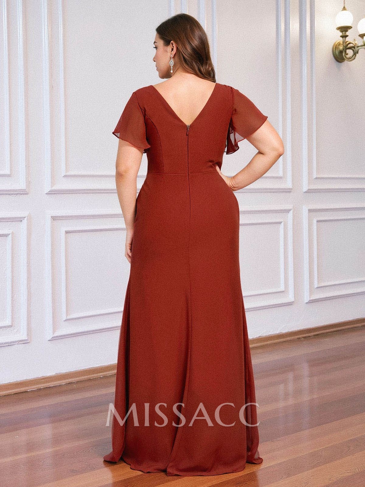 Sheath/Column V-Neck Short Sleeves Floor-Length Chiffon Bridesmaid Dresses With High Split/Shoulder Ruffle Sheath/Column V-Neck Short Sleeves Floor-Length Chiffon Bridesmaid Dresses With High Split/Shoulder Ruffle