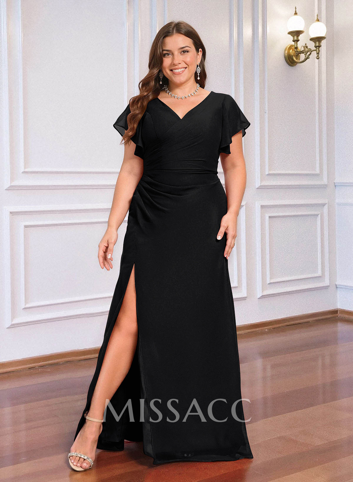 Sheath/Column V-Neck Short Sleeves Floor-Length Chiffon Bridesmaid Dresses With High Split/Shoulder Ruffle