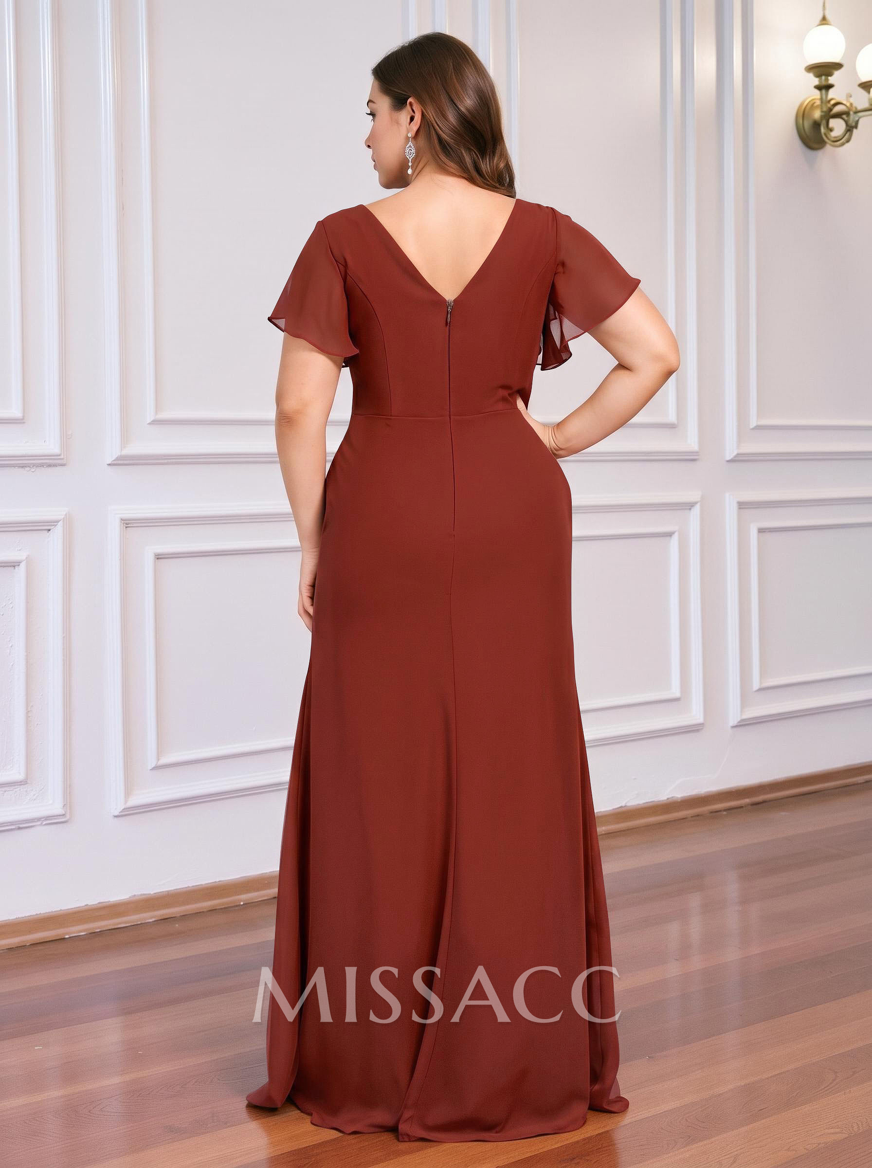 Sheath/Column V-Neck Short Sleeves Floor-Length Chiffon Bridesmaid Dresses With High Split/Shoulder Ruffle Sheath/Column V-Neck Short Sleeves Floor-Length Chiffon Bridesmaid Dresses With High Split/Shoulder Ruffle