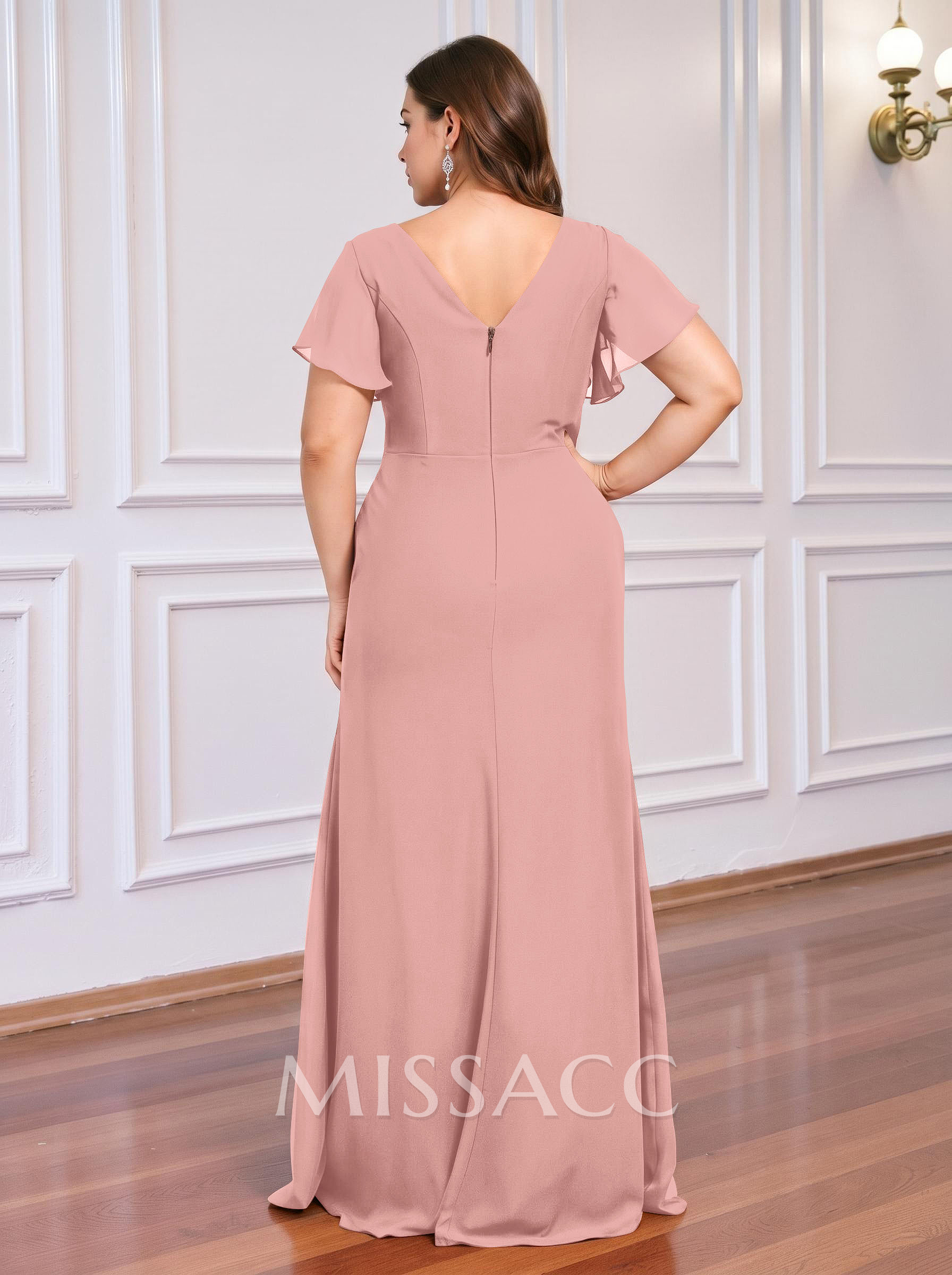 Sheath/Column V-Neck Short Sleeves Floor-Length Chiffon Bridesmaid Dresses With High Split/Shoulder Ruffle Sheath/Column V-Neck Short Sleeves Floor-Length Chiffon Bridesmaid Dresses With High Split/Shoulder Ruffle
