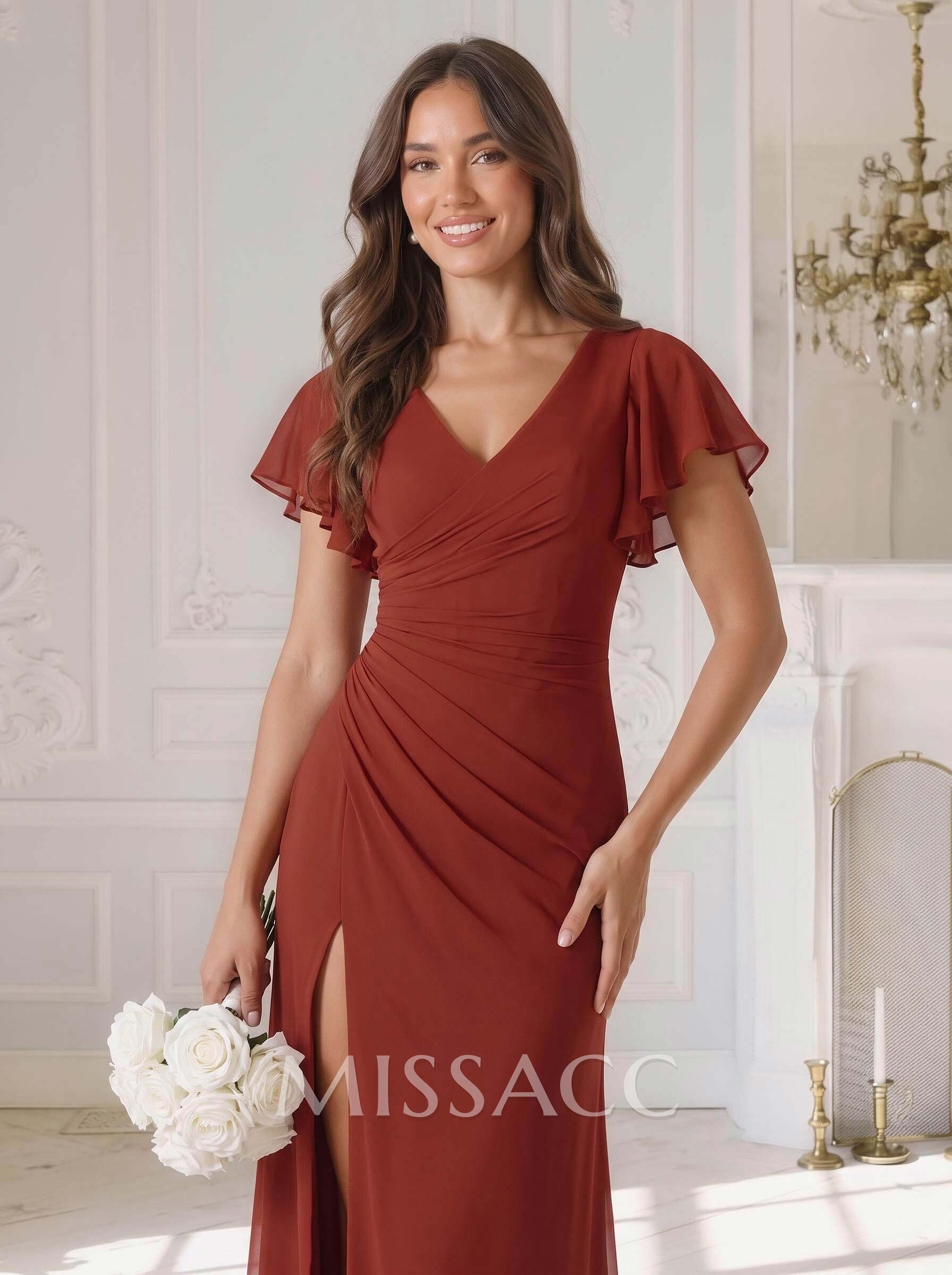 Sheath/Column V-Neck Short Sleeves Floor-Length Chiffon Bridesmaid Dresses With High Split/Shoulder Ruffle
