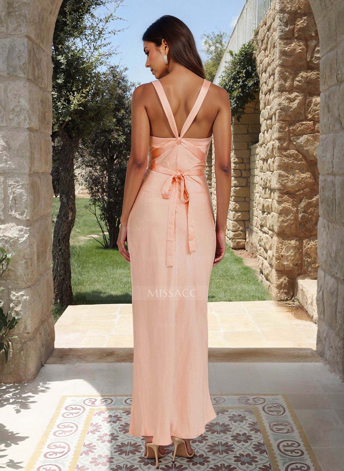 Sheath/Column Cowl Neck Sleeveless Ankle-Length Stretch Satin Bridesmaid Dresses With High Split