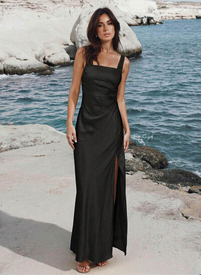 Sheath/Column Square Neckline Sleeveless Ankle-Length Stretch Satin Bridesmaid Dresses With High Split