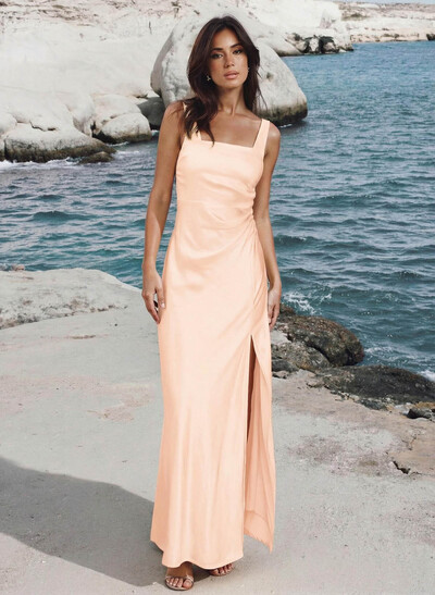 Sheath/Column Square Neckline Sleeveless Ankle-Length Stretch Satin Bridesmaid Dresses With High Split