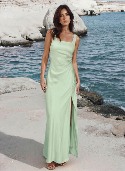Sheath/Column Square Neckline Sleeveless Ankle-Length Stretch Satin Bridesmaid Dresses With High Split