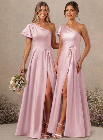 A-Line One-Shoulder Floor-Length Charmeuse Bridesmaid Dresses With Pockets/High Split