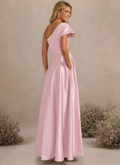 A-Line One-Shoulder Floor-Length Charmeuse Bridesmaid Dresses With Pockets/High Split