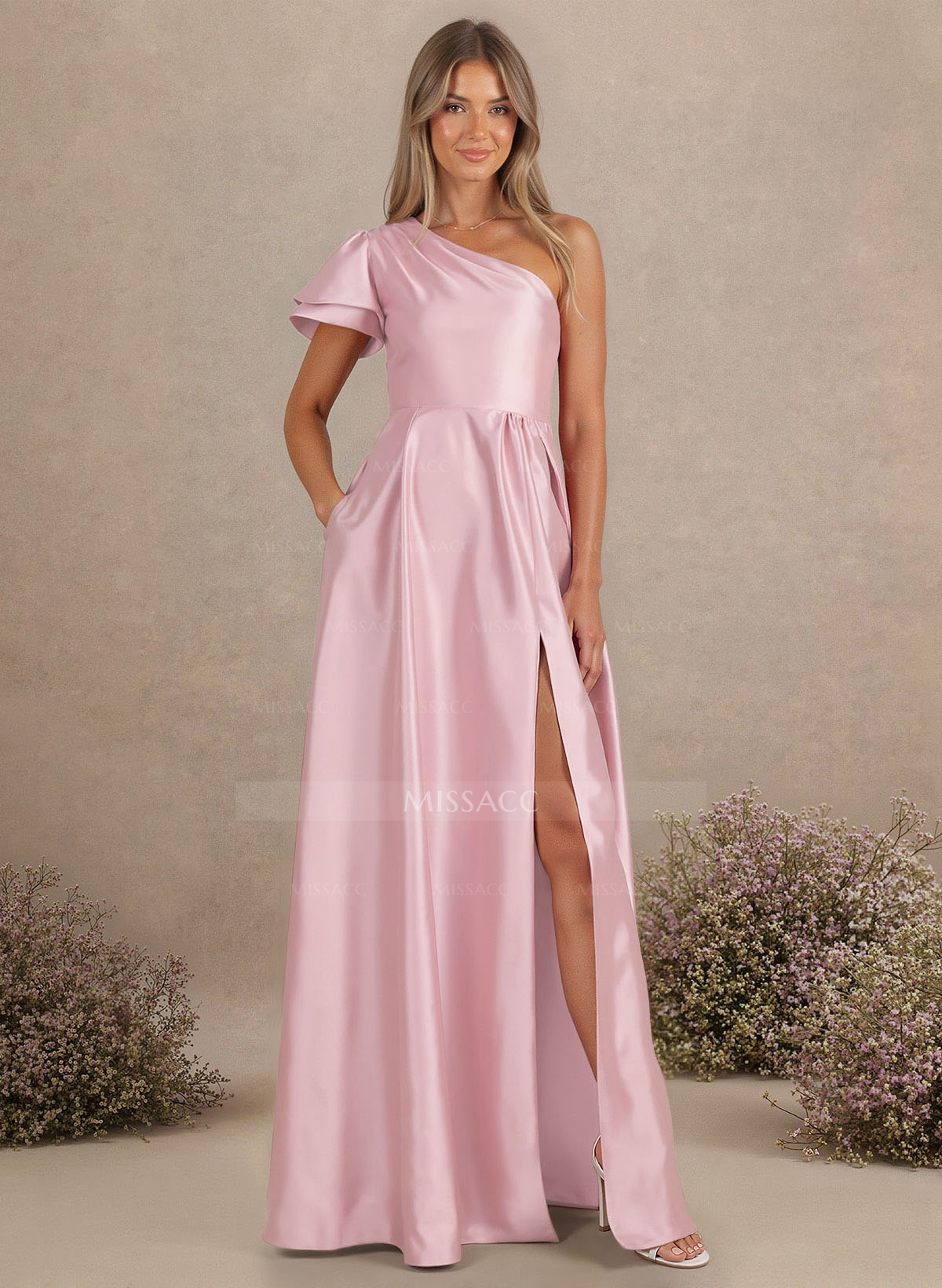 A-Line One-Shoulder Floor-Length Charmeuse Bridesmaid Dresses With Pockets/High Split