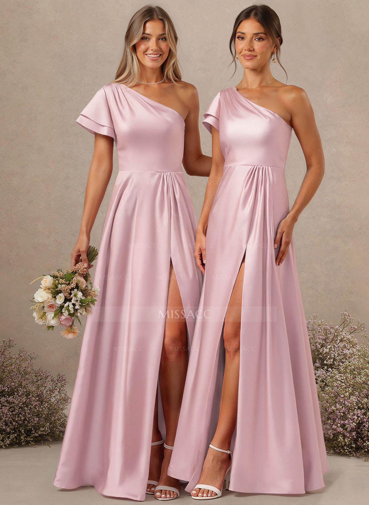 A-Line One-Shoulder Floor-Length Charmeuse Bridesmaid Dresses With Pockets/High Split