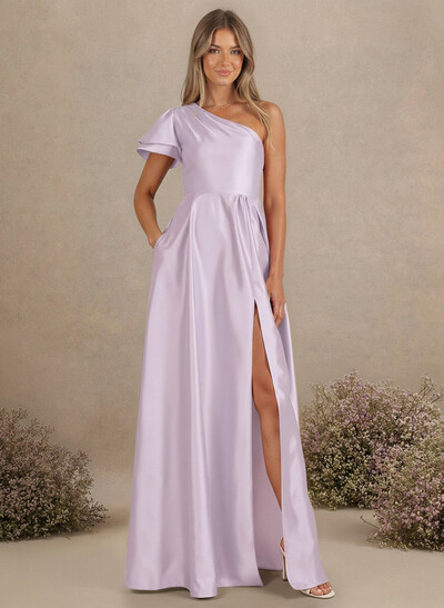 A-Line One-Shoulder Floor-Length Charmeuse Bridesmaid Dresses With Pockets/High Split