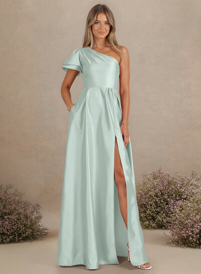 A-Line One-Shoulder Floor-Length Charmeuse Bridesmaid Dresses With Pockets/High Split