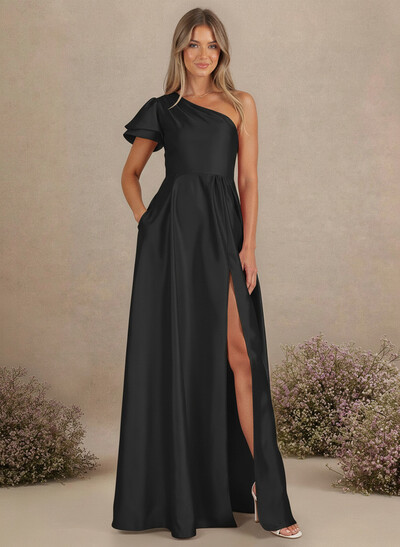 A-Line One-Shoulder Floor-Length Charmeuse Bridesmaid Dresses With Pockets/High Split