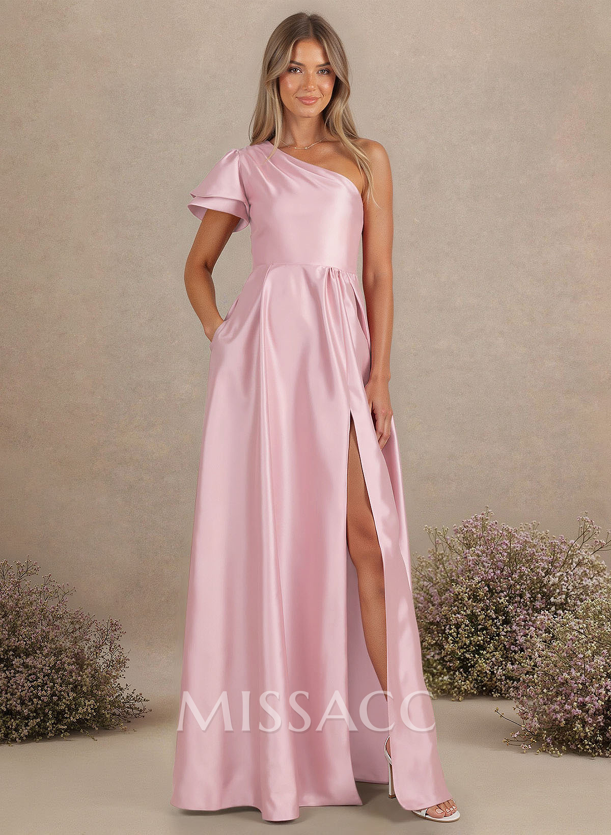 A-Line One-Shoulder Floor-Length Charmeuse Bridesmaid Dresses With Pockets/High Split