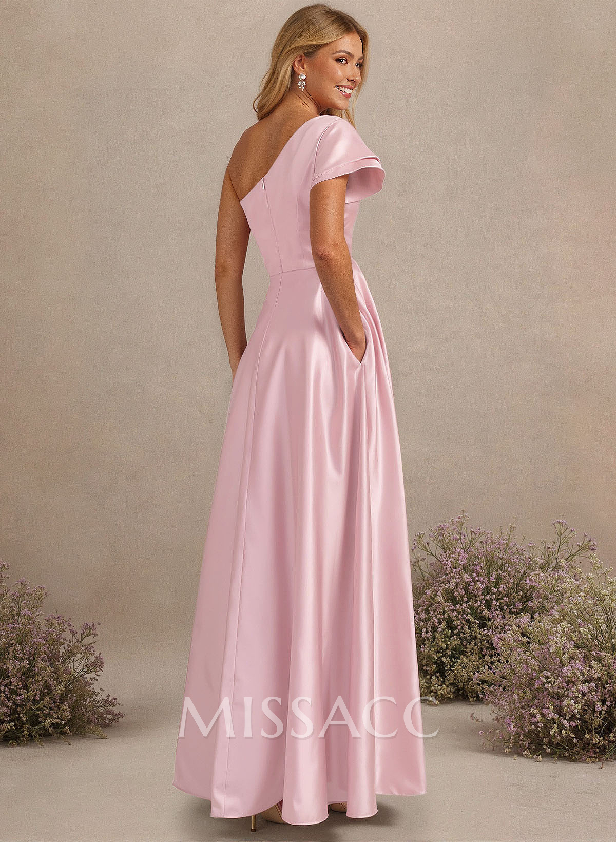 A-Line One-Shoulder Floor-Length Charmeuse Bridesmaid Dresses With Pockets/High Split