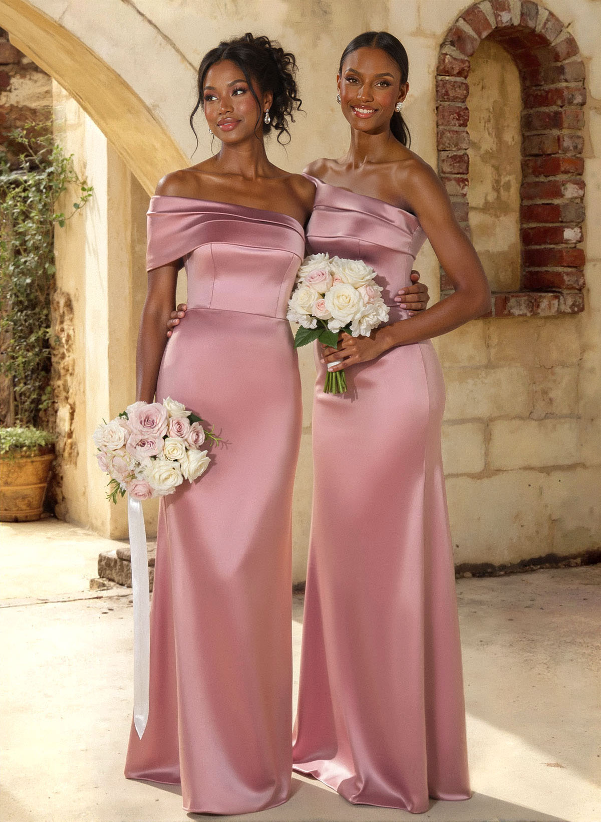 A-Line Off-The-Shoulder Sleeveless Floor-Length Satin Bridesmaid Dresses