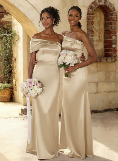 A-Line Off-The-Shoulder Sleeveless Floor-Length Satin Bridesmaid Dresses