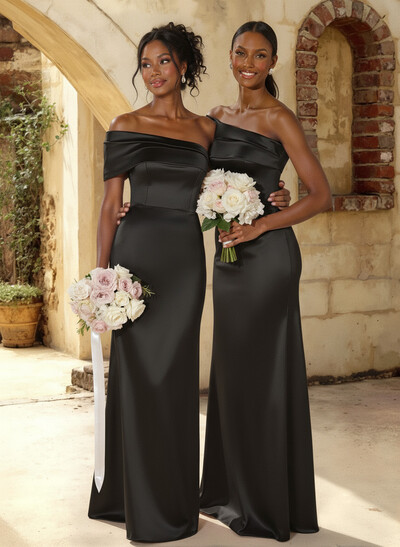 A-Line Off-The-Shoulder Sleeveless Floor-Length Satin Bridesmaid Dresses