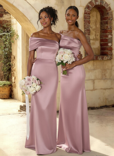 A-Line Off-The-Shoulder Sleeveless Floor-Length Satin Bridesmaid Dresses