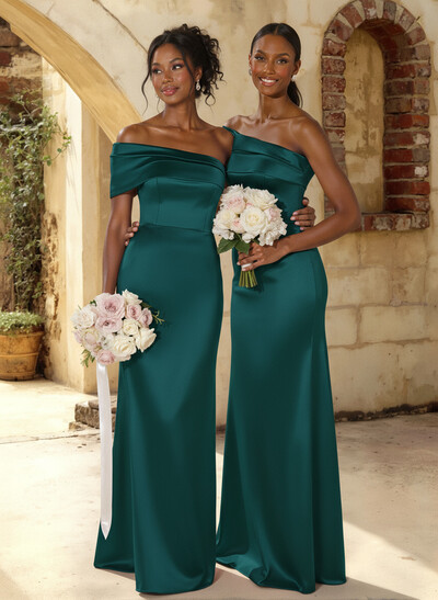A-Line Off-The-Shoulder Sleeveless Floor-Length Satin Bridesmaid Dresses