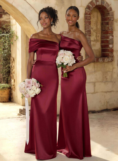 A-Line Off-The-Shoulder Sleeveless Floor-Length Satin Bridesmaid Dresses