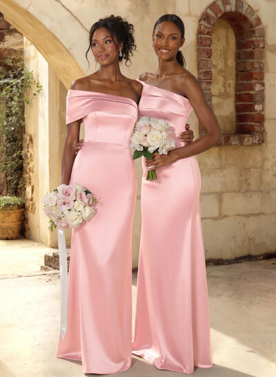 A-Line Off-The-Shoulder Sleeveless Floor-Length Satin Bridesmaid Dresses