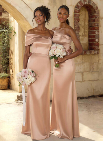 A-Line Off-The-Shoulder Sleeveless Floor-Length Satin Bridesmaid Dresses