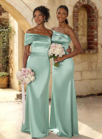 A-Line Off-The-Shoulder Sleeveless Floor-Length Satin Bridesmaid Dresses