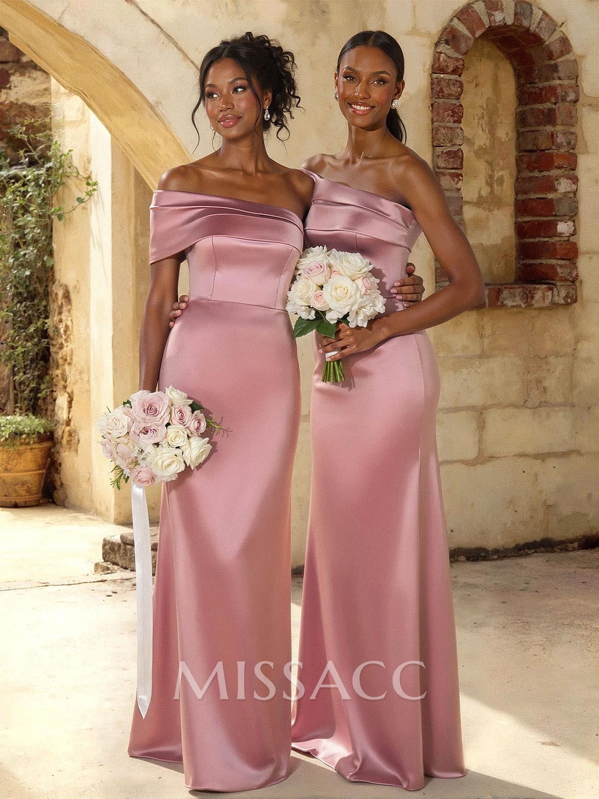 A-Line Off-The-Shoulder Sleeveless Floor-Length Satin Bridesmaid Dresses