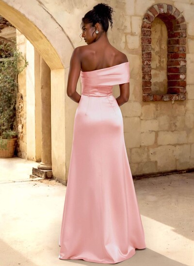 A-Line Off-The-Shoulder Sleeveless Floor-Length Satin Bridesmaid Dresses