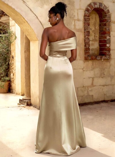 A-Line Off-The-Shoulder Sleeveless Floor-Length Satin Bridesmaid Dresses