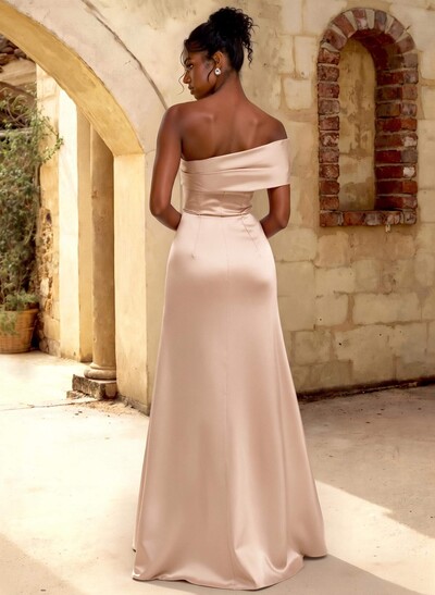 A-Line Off-The-Shoulder Sleeveless Floor-Length Satin Bridesmaid Dresses