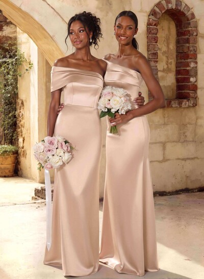 A-Line Off-The-Shoulder Sleeveless Floor-Length Satin Bridesmaid Dresses