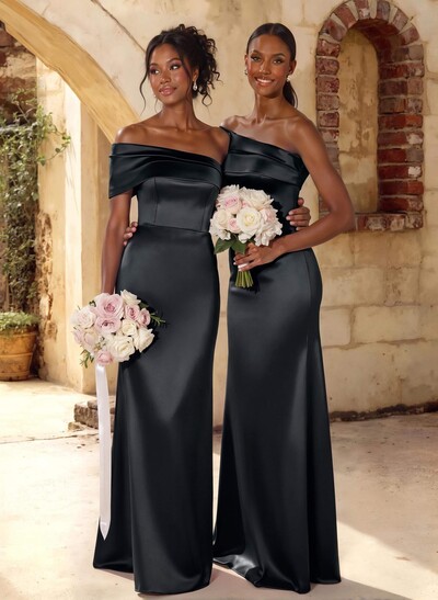 A-Line Off-The-Shoulder Sleeveless Floor-Length Satin Bridesmaid Dresses