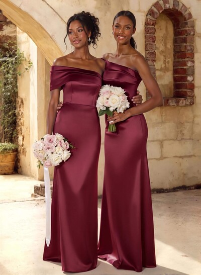 A-Line Off-The-Shoulder Sleeveless Floor-Length Satin Bridesmaid Dresses