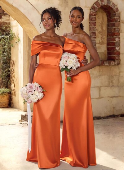 A-Line Off-The-Shoulder Sleeveless Floor-Length Satin Bridesmaid Dresses