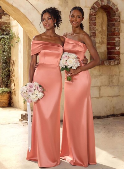 A-Line Off-The-Shoulder Sleeveless Floor-Length Satin Bridesmaid Dresses