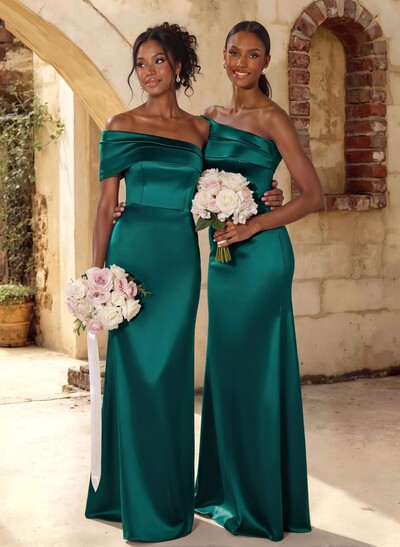 A-Line Off-The-Shoulder Sleeveless Floor-Length Satin Bridesmaid Dresses