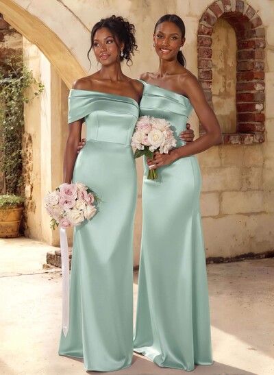 A-Line Off-The-Shoulder Sleeveless Floor-Length Satin Bridesmaid Dresses