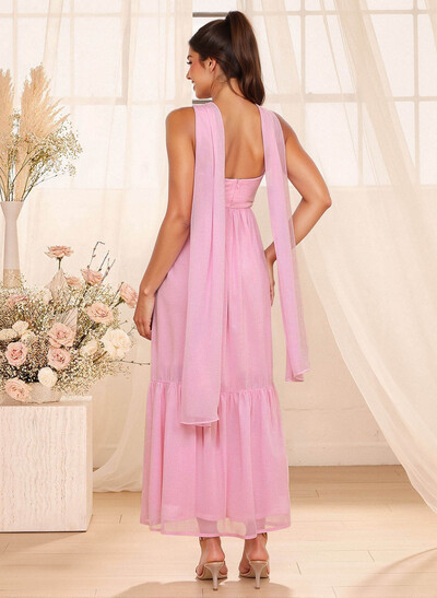 A-Line Strapless Ankle-Length Chiffon Bridesmaid Dresses With Bow(s)/Bubble Hem