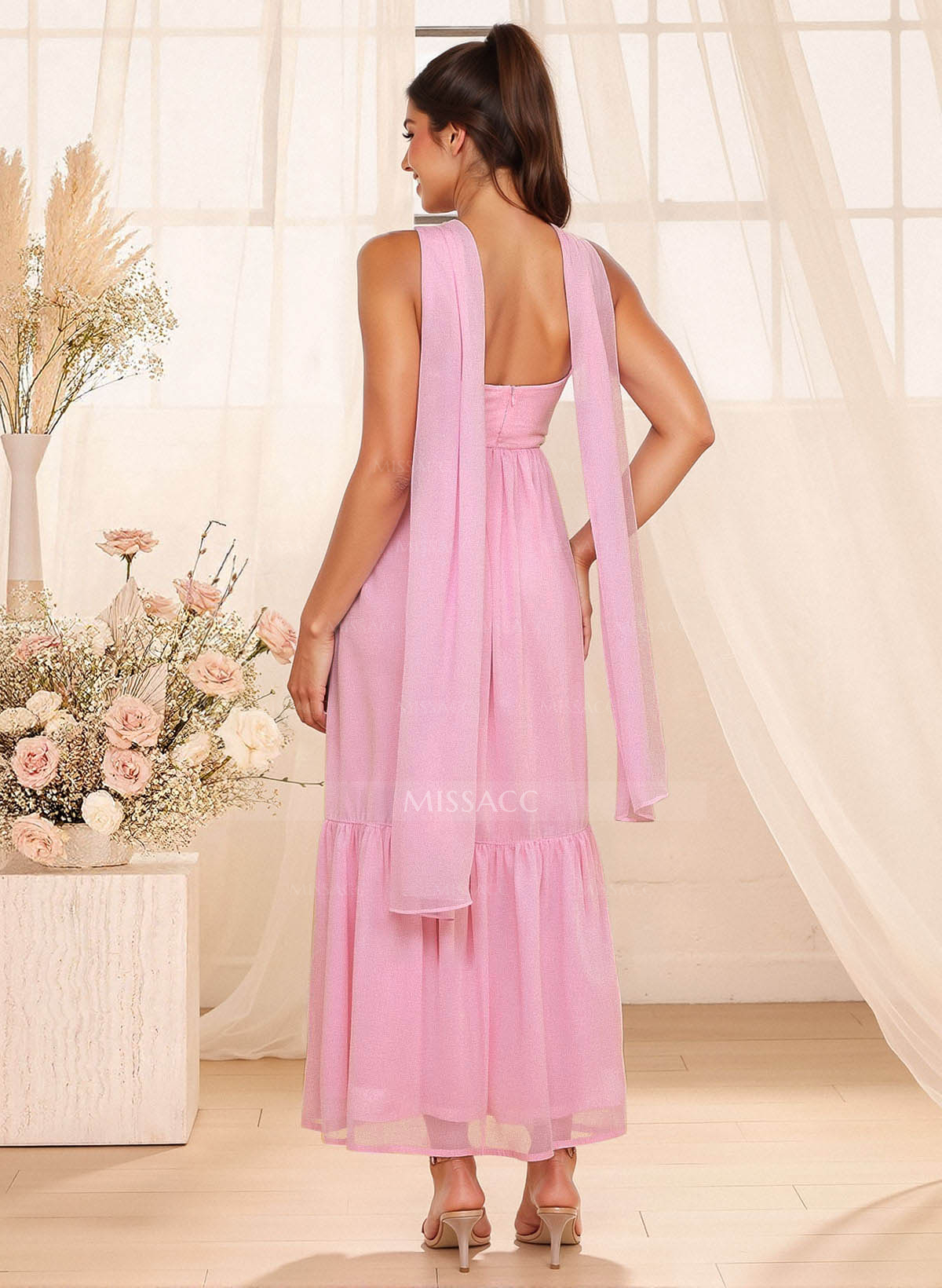 A-Line Strapless Ankle-Length Chiffon Bridesmaid Dresses With Bow(s)/Bubble Hem