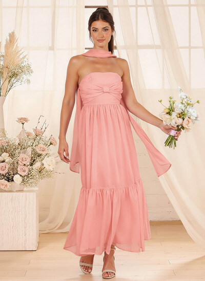 A-Line Strapless Ankle-Length Chiffon Bridesmaid Dresses With Bow(s)/Bubble Hem