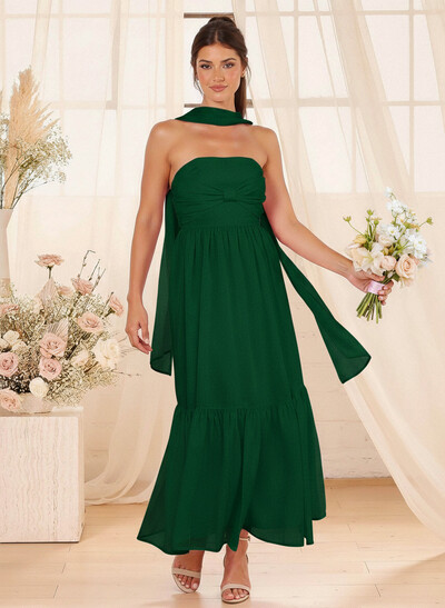 A-Line Strapless Ankle-Length Chiffon Bridesmaid Dresses With Bow(s)/Bubble Hem