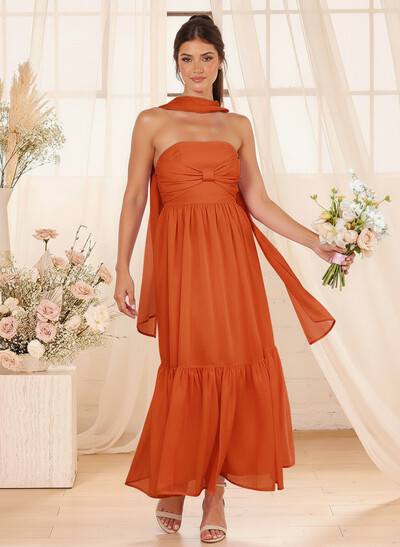 A-Line Strapless Ankle-Length Chiffon Bridesmaid Dresses With Bow(s)/Bubble Hem