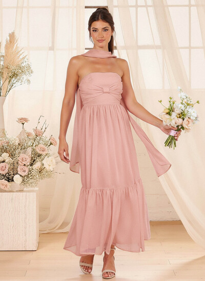A-Line Strapless Ankle-Length Chiffon Bridesmaid Dresses With Bow(s)/Bubble Hem
