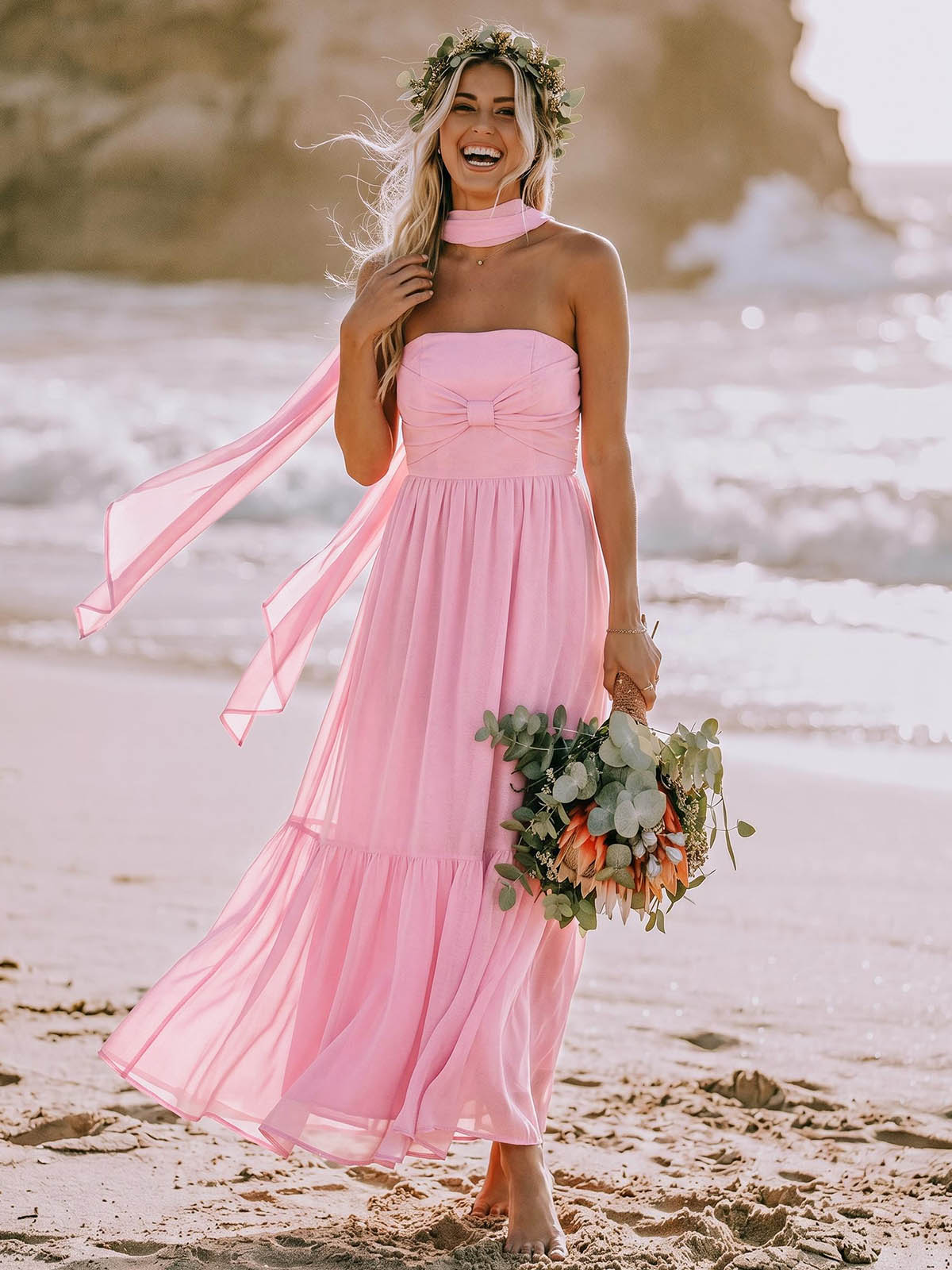 A-Line Strapless Ankle-Length Chiffon Bridesmaid Dresses With Bow(s)/Bubble Hem